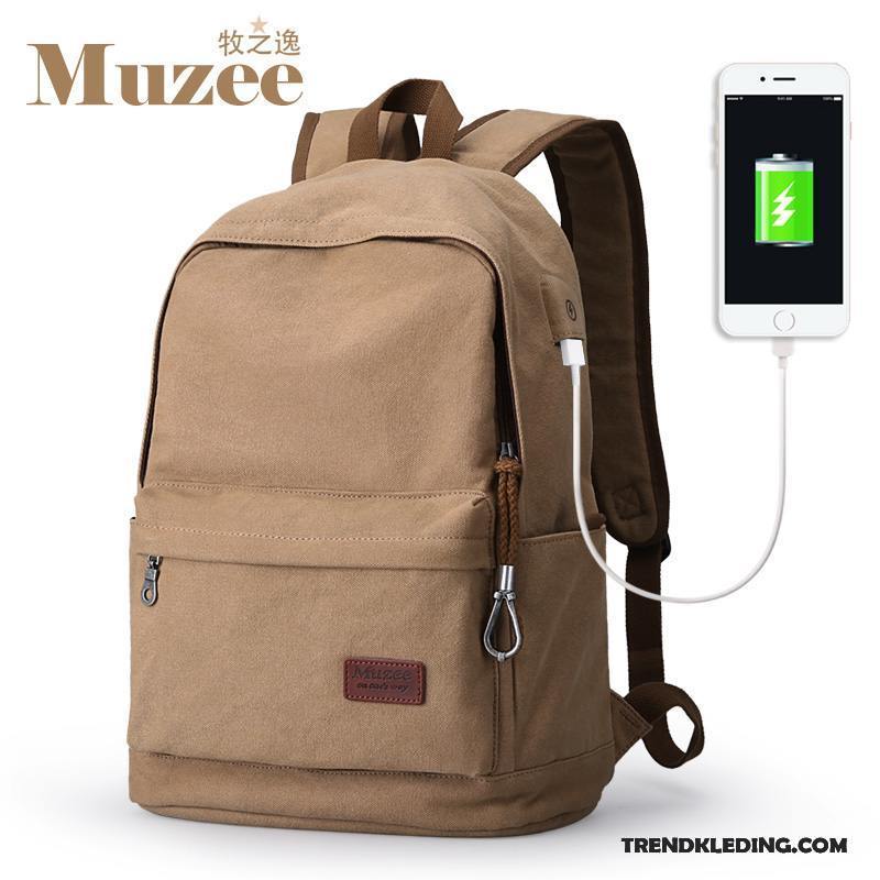 Rugzak Heren Canvas Reizen Student Tas Eenvoudig Mode Kaki