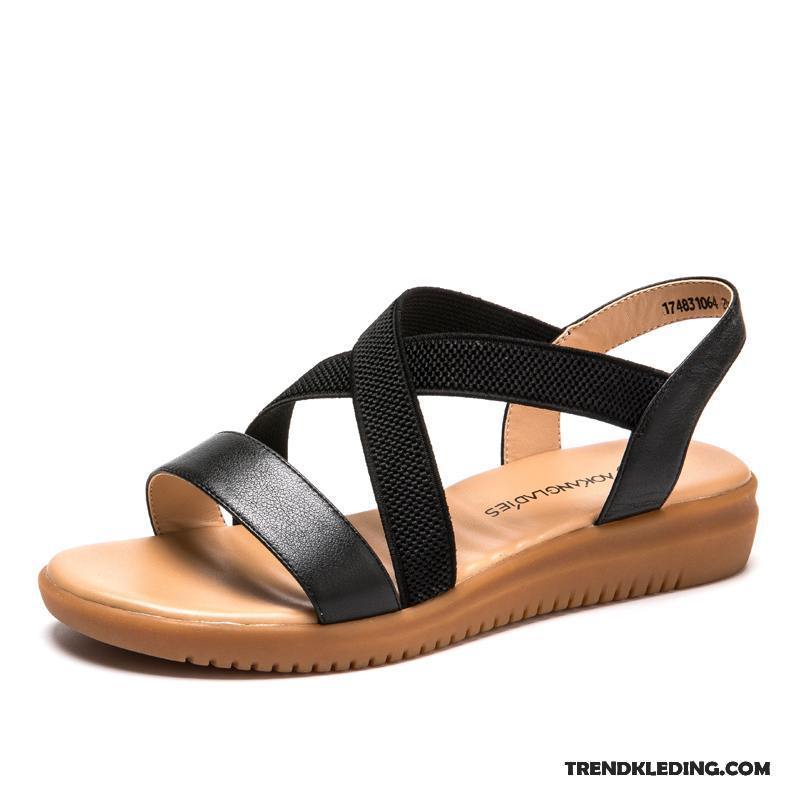 Sandalen Dames Eenvoudige Comfortabele Echt Leer Sandaal Ronde Kop Mode Zwart