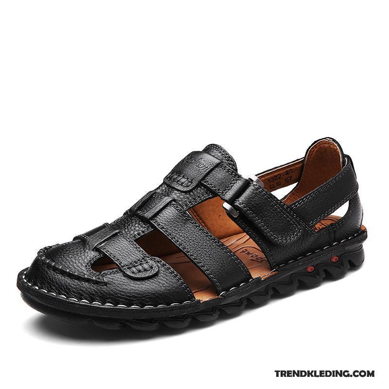 Sandalen Heren 2018 Leer Outdoor Dikke Zool Rome Zomer Zandkleur Zwart