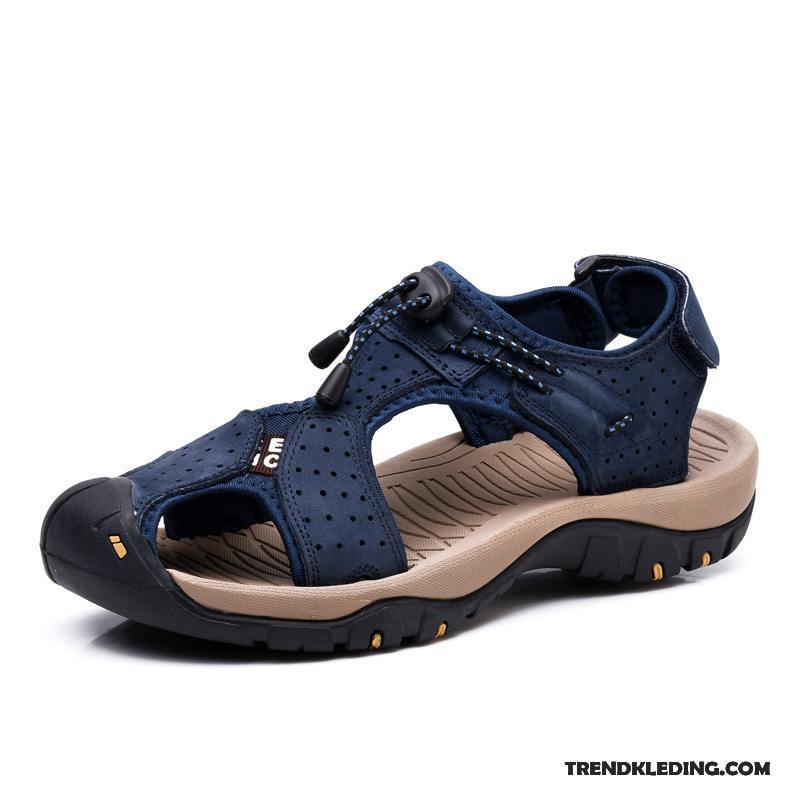 Sandalen Heren Echt Leer Outdoor Antislip Casual Sandaal Zomer Marineblauw Zandkleur