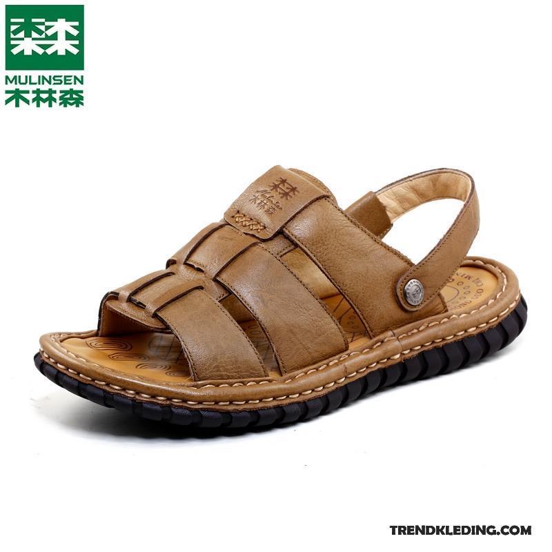 Sandalen Heren Schoenen Casual Mannen Echt Leer Antislip Dikke Zool Kaki Zandkleur