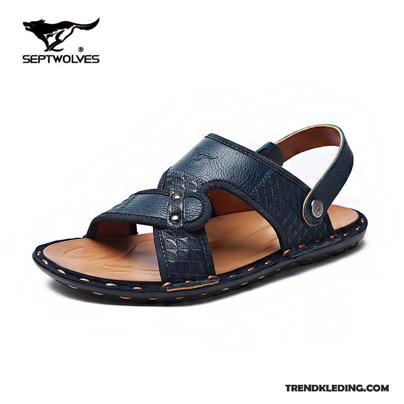 Sandalen Heren Strand Leer Wolf Sandaal Open Teen Casual Blauw Zandkleur