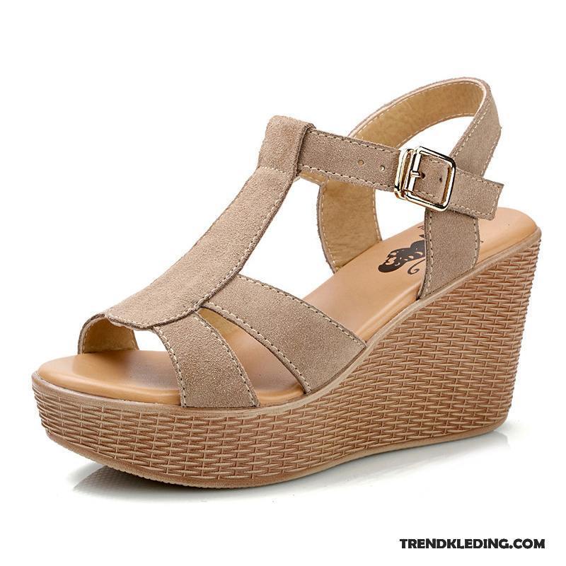 Sleehakken Dames Zomer Sandaal Plateauzool Casual Platform Hoge Hakken Beige