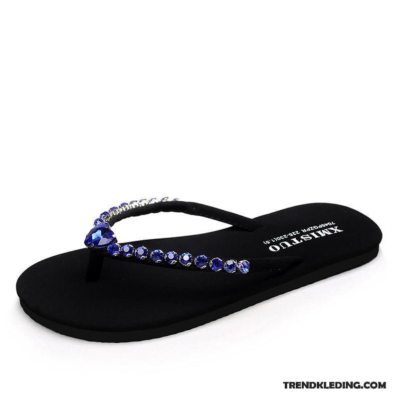 Slippers Dames Plat Pantoffels Mode Bovenkleding Zomer Met Strass Blauw Zandkleur