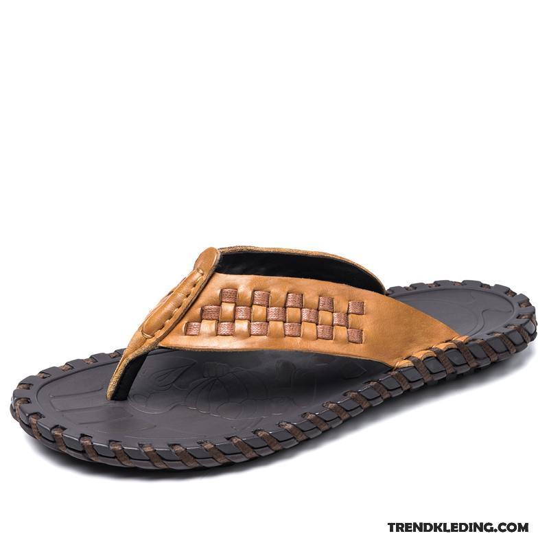 Slippers Heren Zomer Echt Leer Antislip Pantoffels Outdoor Zachte Zolen Zandkleur Geel Bruine