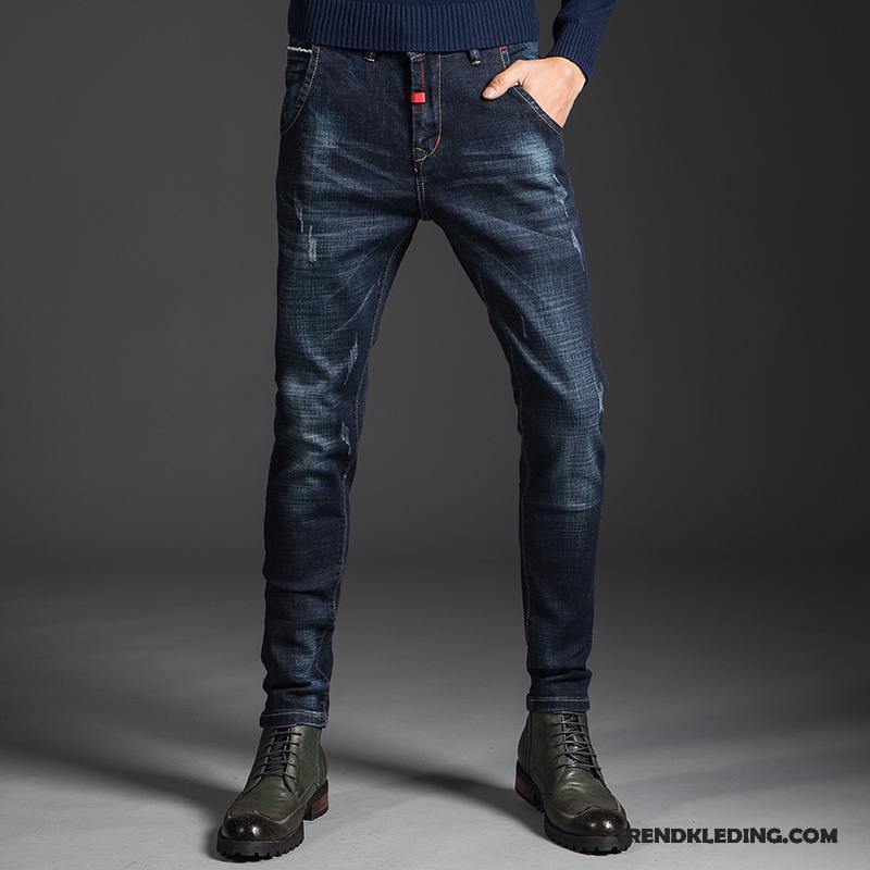 Spijkerbroek Heren Dunne Slim Fit Lange Trend Vintage Zomer Donkerblauwe