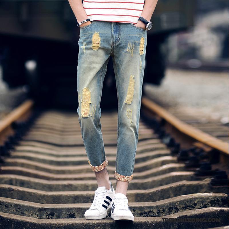 Spijkerbroek Heren Mannelijk Spijkerbroek Jeans Trend Gaten Slim Fit Mini Blauw Licht