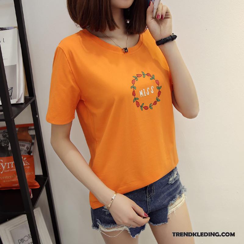 T-shirt Dames Katoen Nieuw Zomer Ronde Hals Trend Jasje Oranje Wit