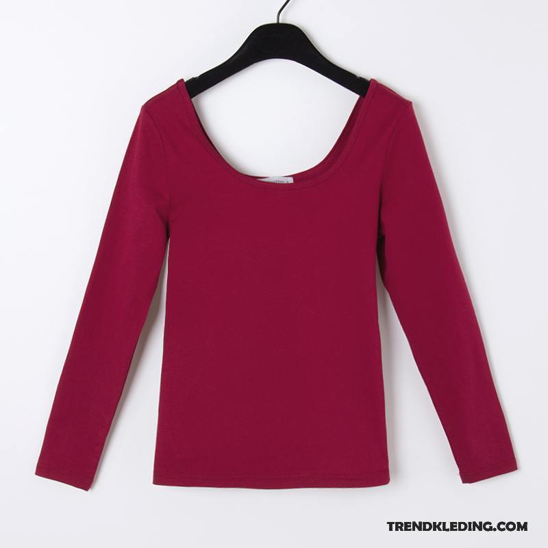 T-shirt Lange Mouw Dames Jasje Slim Fit Winter Open Rug Katoen Herfst Rode Wijn Effen Kleur Wit