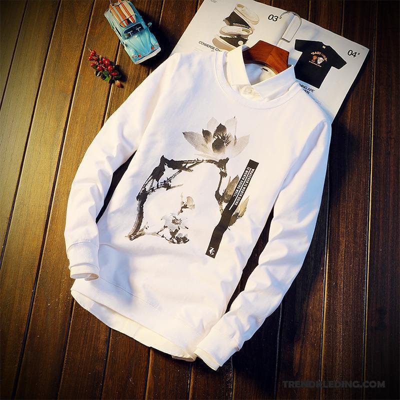 T-shirt Lange Mouw Heren Bovenkleding Jasje Lange Mouwen Bedrukken Slim Fit Pullover Wit