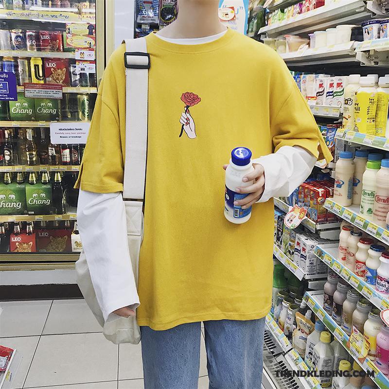 T-shirt Lange Mouw Heren Lange Mouwen Losse Bedrukken Mini Persoonlijk Jeugd Geel